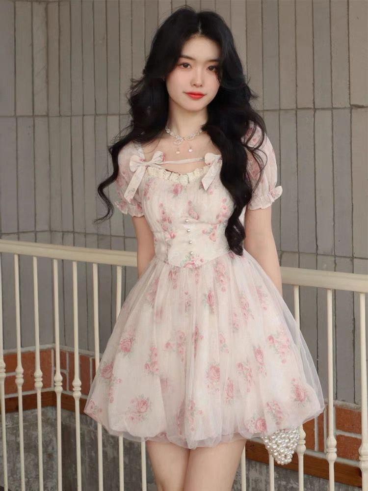 Blovelan sweet taro cheese pink floral skirt sweet bow short-sleeved dress women's spring and summer new style