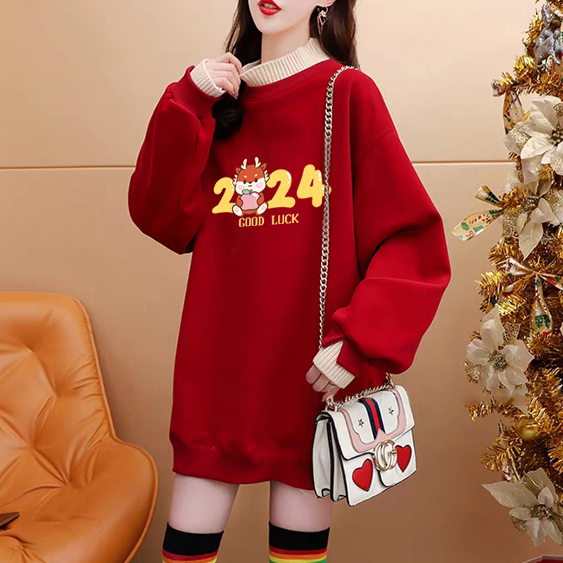 Pure cotton composite super soft autumn and winter super fire dragon print fake two-piece half turtleneck plus velvet sweatshirt for women