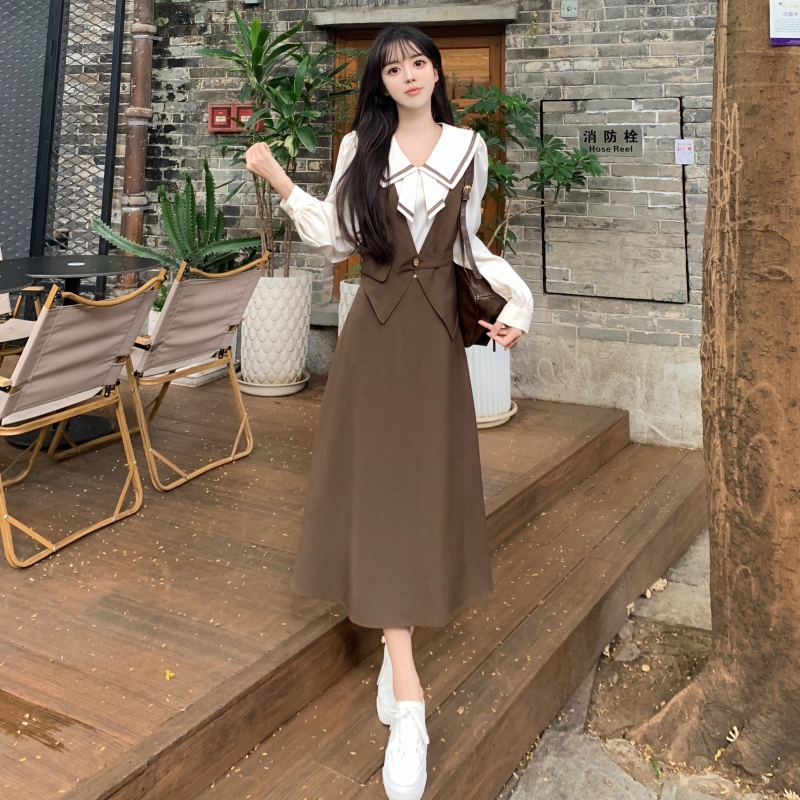 Plus size women's French preppy style retro slim dress spring and autumn doll collar waist fake two-piece long dress