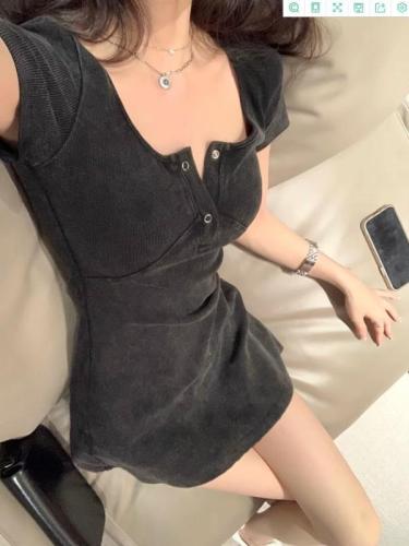 2024 Spring Black Long Sleeve Knitted Dress Female Small Slim Fit Sexy Hot Girl Temperament Bottoming Skirt