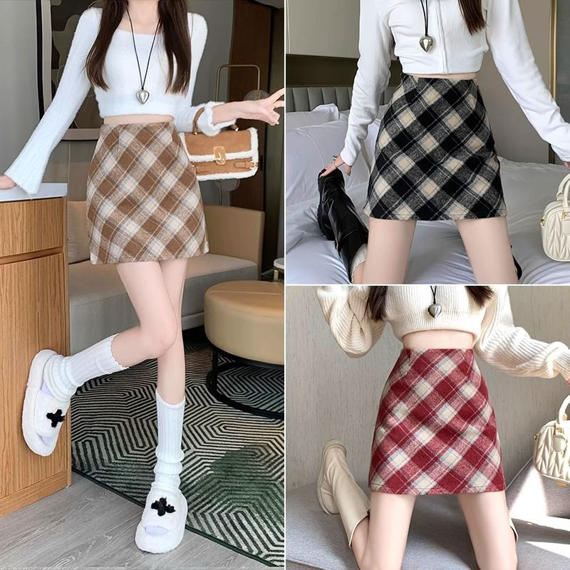 Red Plaid Woolen Skirt Women's Spring Autumn Winter 2024 New Slim High Waist Hip Skirt A-Line Short Skirt