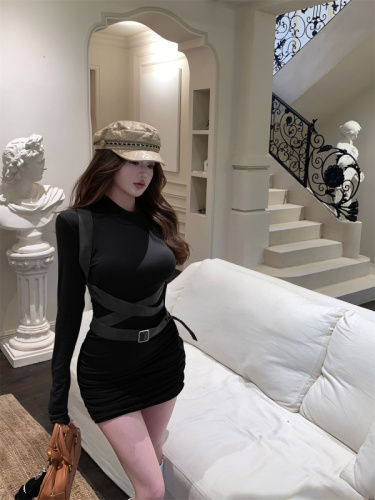 Real shot of half-high collar long-sleeved dress for women in autumn and winter with design belt sexy hottie tight hip short skirt