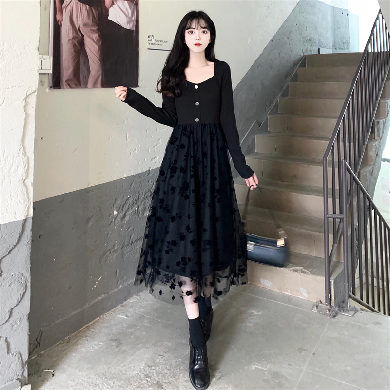 Flocked mesh splicing knitted dress for women early spring 2024 new style French design temperament mid-length skirt trendy