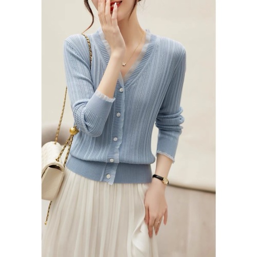 French v-neck knitted cardigan for women 2024 spring new design niche long-sleeved outer thin jacket top