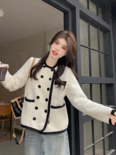 Real time shooting of new imitation mink plush loose sweater, cardigan jacket, women's double breasted contrasting color knitted top