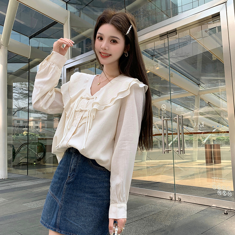 Spring New Chinese Style Plus Size Women's Sweet Long Sleeve Shirt Solid Color Large Size Loose Cardigan