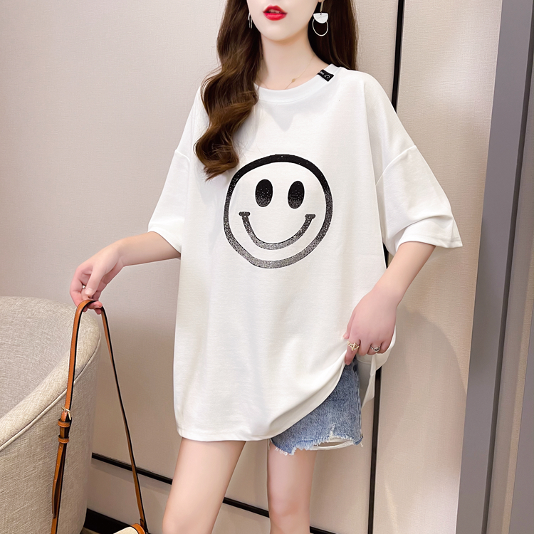 實拍2024夏季新款早春韓版中長款寬鬆大碼燙鑽笑臉短袖T恤女