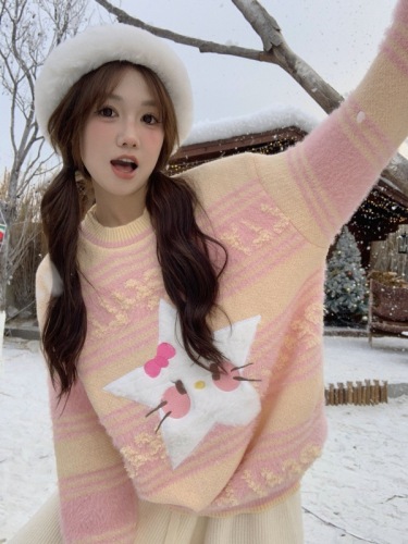 Real shot of sweet flocked five-pointed star round neck rainbow sweater loose autumn lazy pullover soft waxy top
