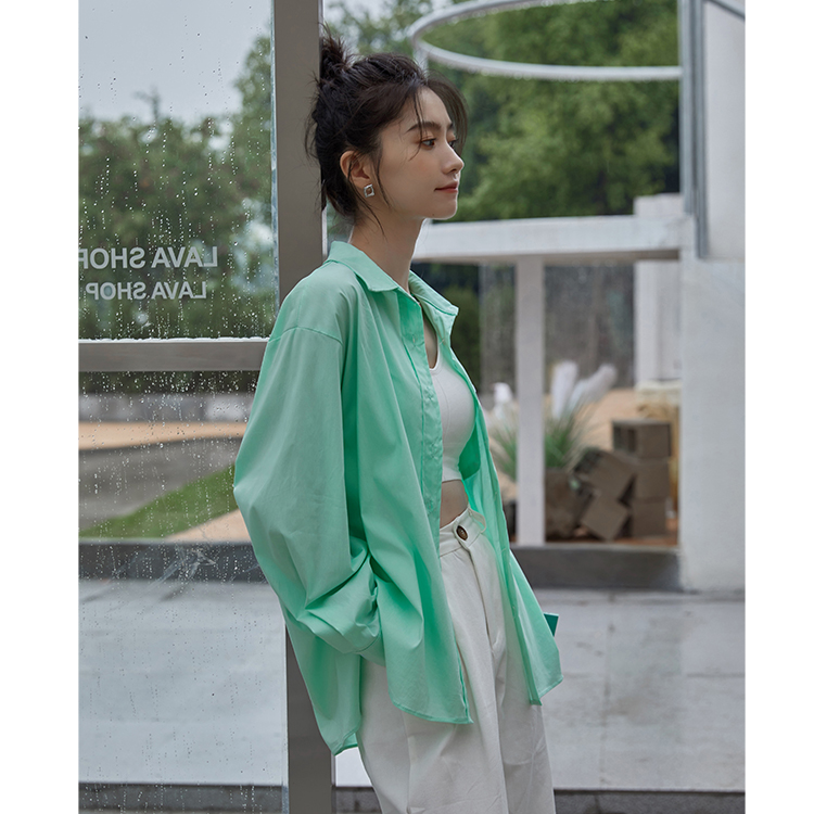 春季新款 薄荷綠寬鬆中長款襯衣女純色chic韓版襯衫上衣