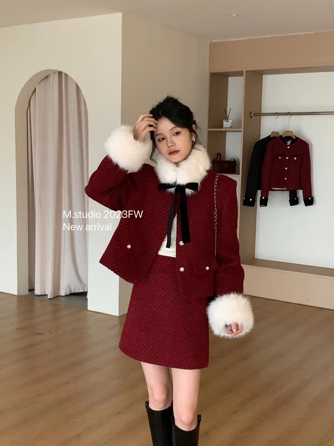 高端富家千金冬裝套裝斜紋紅色小香風羽絨外套年三件套女