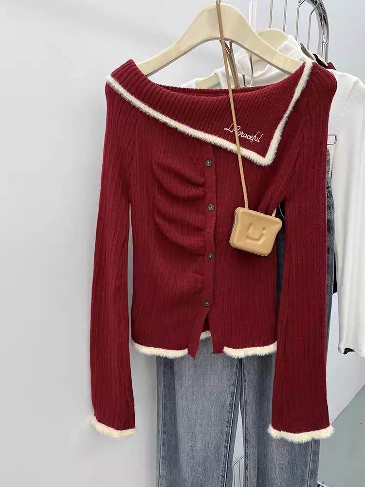 New Year's Eve one-shoulder red sweater for women in autumn and winter new slim-fitting short inner sweater top