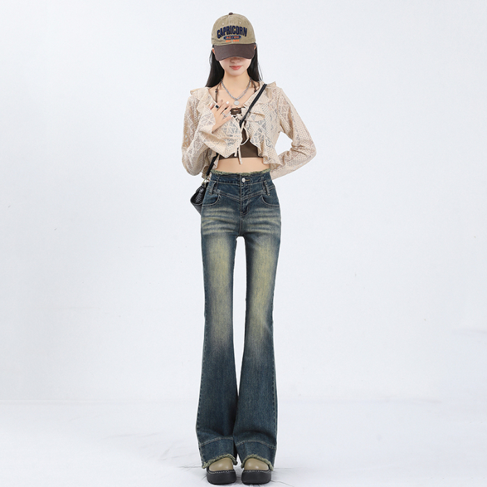 Realistic photo of slim denim pants for women in 2024, new high-waisted slim fit and versatile micro flared pants for autumn and winter
