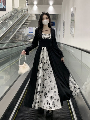 Plus size women's belly-covering Hepburn style rose mesh splicing long skirt spring and autumn sweet cool style slim dress