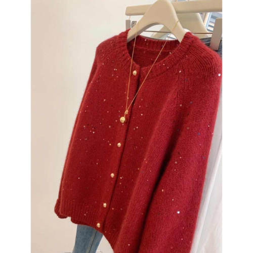 Quality Inspection Official Picture Gentle Atmosphere Sequined Round Neck Sweater Cardigan Women’s Autumn and Winter Zodiac New Year Red Knitted Jacket