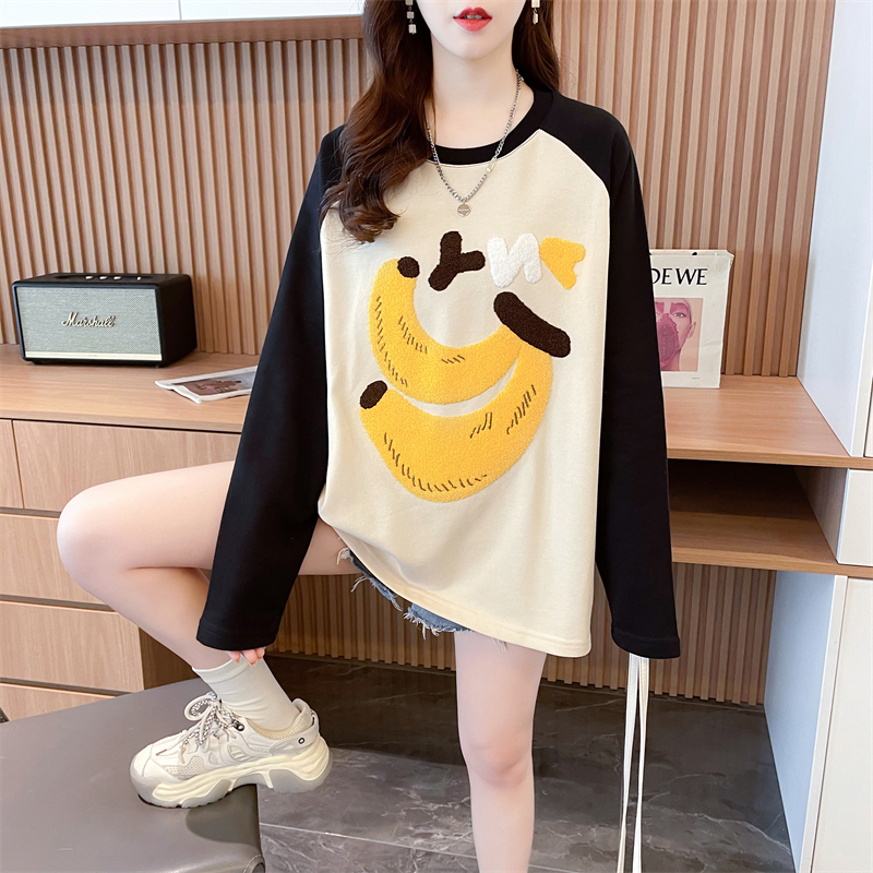 Real shot 2024 spring new 280g loose double-sided German velvet round neck spliced ​​long-sleeved bottoming shirt T-shirt for women