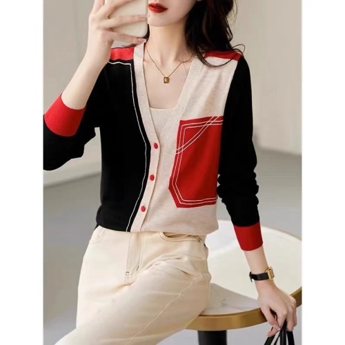2024 spring new fashionable design V-neck topstitching contrasting color stitching knitted cardigan sweater long-sleeved bottoming shirt