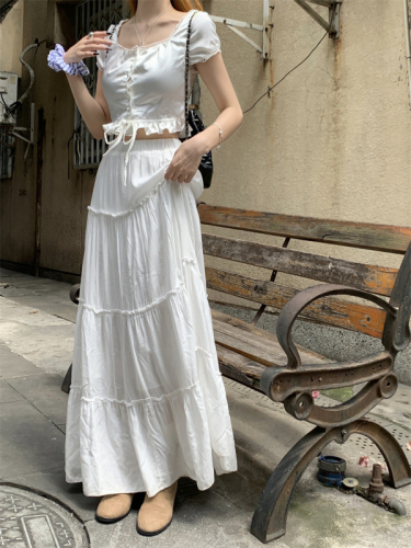Real shot ~ Hanli Korean style BM style gentle and versatile high-waisted slim white cake long skirt