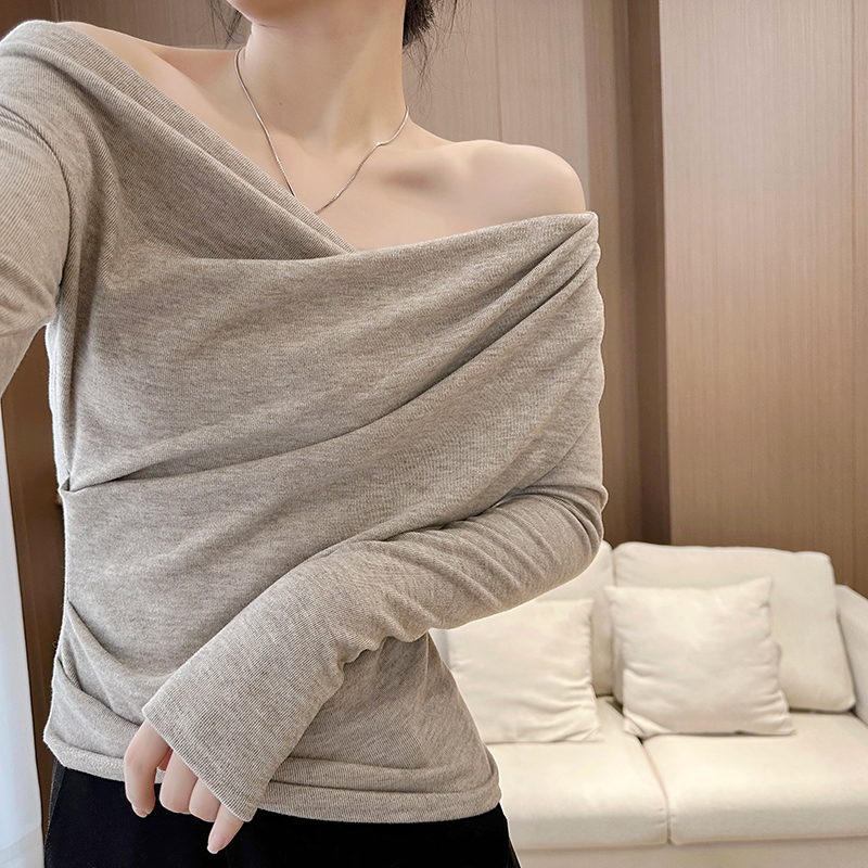 Sheep wool 280 grams, multiple ways to wear, spring and autumn pure desire long-sleeved T-shirt for women, irregular hot girl niche off-shoulder bottoming shirt