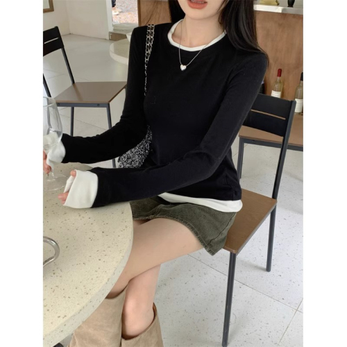 High elastic ribbed velvet fake two-piece long-sleeved women's layered contrasting color design niche t-shirt bottoming shirt