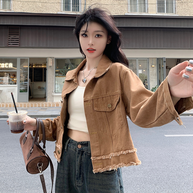 實拍！美式復古駝色牛仔外套春秋設計感寬鬆休閒氣質夾克上衣
