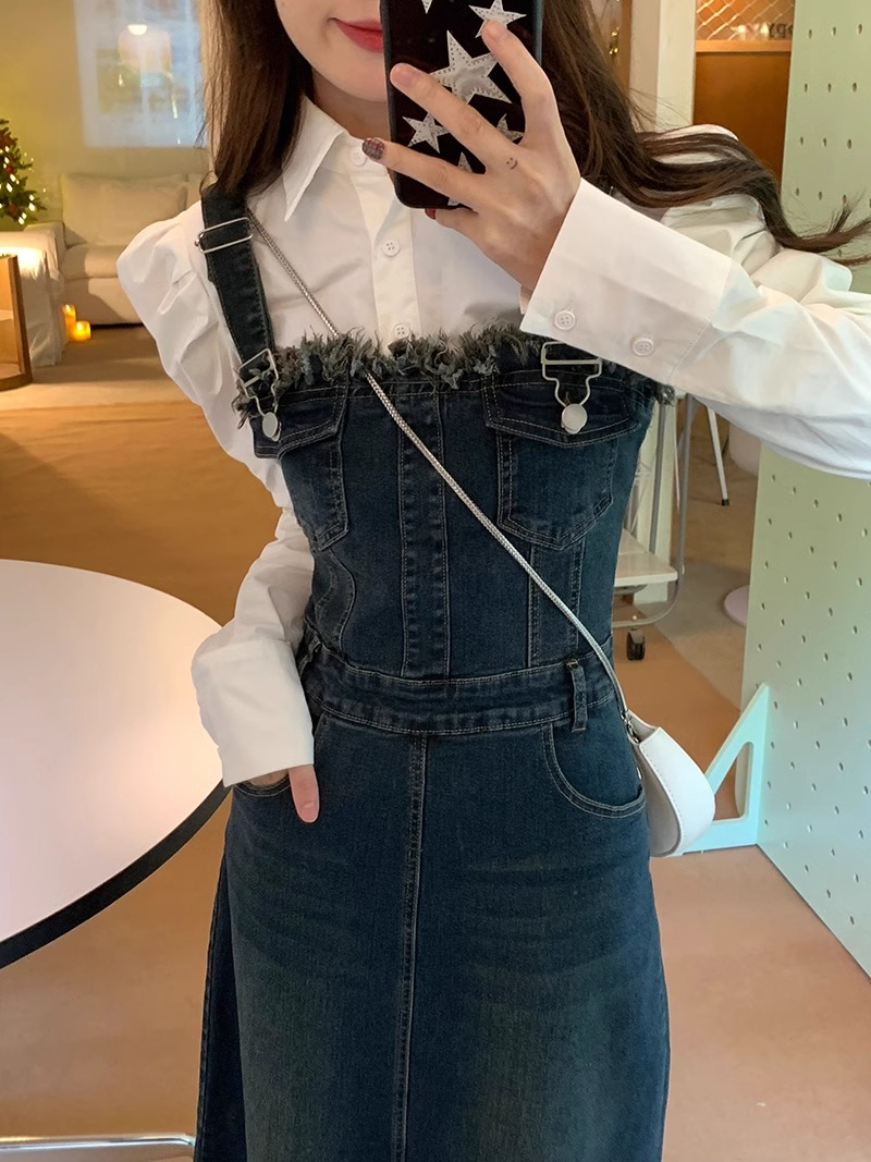 Temperament and high-end denim suspender dress women's suit spring and autumn new design niche fishtail skirt long skirt