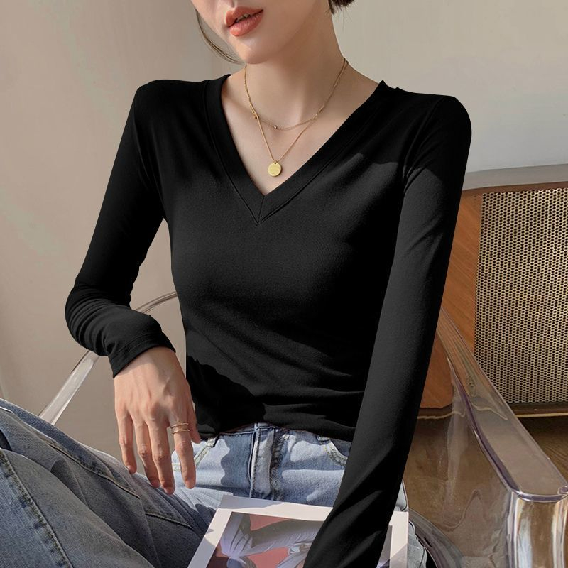 莫代爾螺紋長袖t恤女2024春裝新款V領內搭洋氣小眾針織打底衫