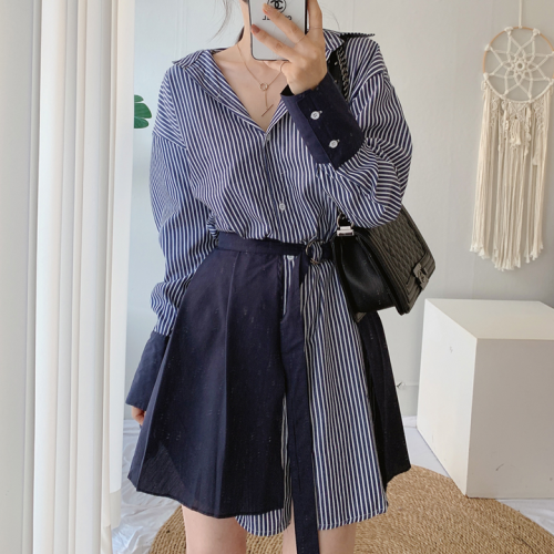 Size update Korean chic spring new fashionable lace-up striped shirt dress two-piece set