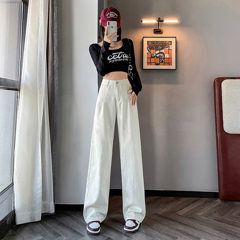 實拍2024早春高腰闊腿寬鬆顯瘦牛仔褲垂感拖地褲女