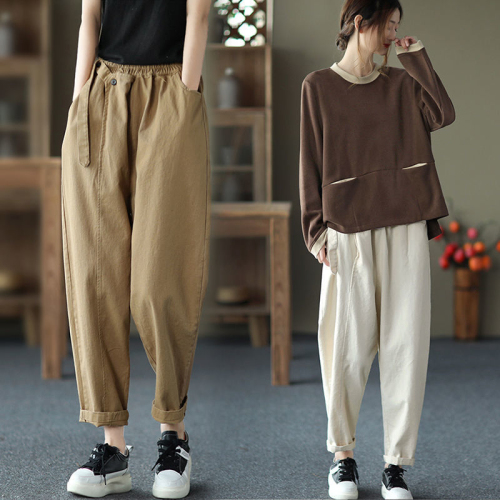 Autumn and summer pure cotton trousers withdrawn last order autumn foreign trade women's clothing retro cotton dad pants elastic waist harem pants for women