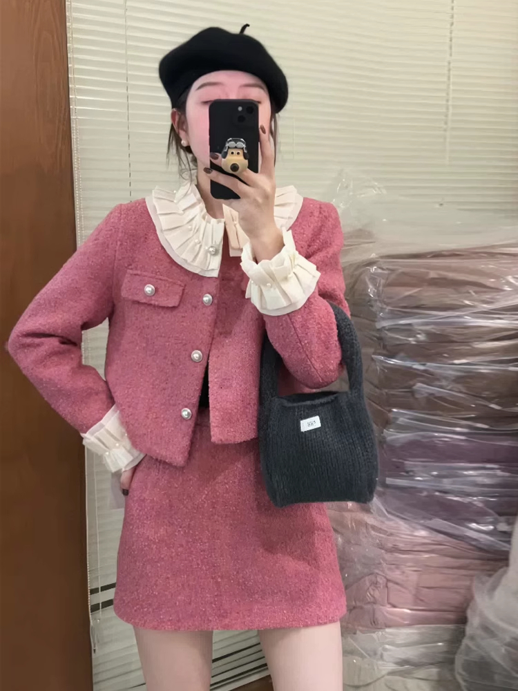 冬季新款法式氣質赫本風羽絨小香外套高腰半身裙小個子顯瘦套裝女