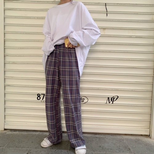 2024 Spring and Summer Korean Style Plus Size Women's Clothing 200 Jin High Waist Slim Floor-length Pants Elastic Waist Plaid Wide Leg Pants