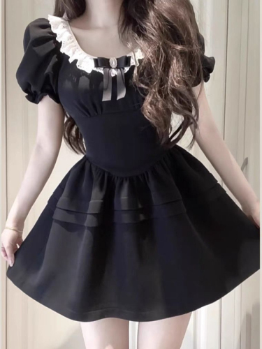 French doll collar black dress for women spring and summer high-end Hepburn bow puff sleeves and waisted tutu skirt