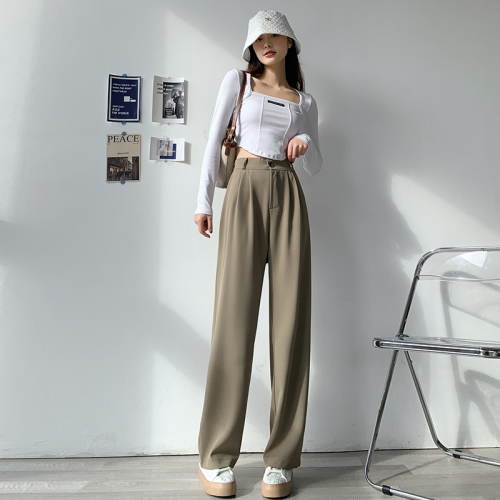 Actual shot of elite style ~ High-end camel casual pants for women, spring and autumn straight floor-length wide-leg suit pants, large size