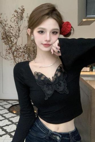 Real shot ~ pure lust style butterfly embroidered T-shirt for women in spring, sweet hottie wearing sexy tight short top for women