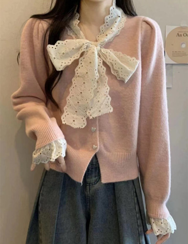 Chic and beautiful sweater women's new autumn and winter lace bow tie fashionable v-neck jacket top