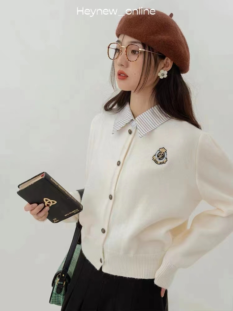 LOVEHEYNEW假兩件polo領開衫毛衣女秋季顯瘦學院風短款針織上衣