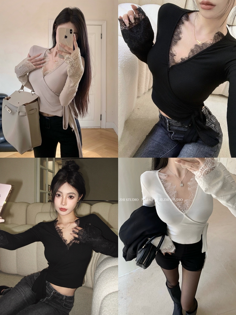 Real shot of pure lust sexy hot girl style V-neck lace splicing strap top slimming long-sleeved inner layering shirt