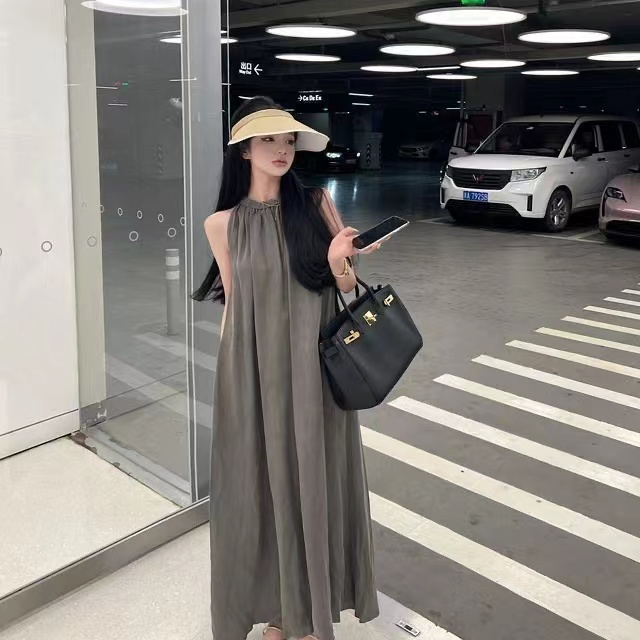 High-end design matte cupro silk lazy dress off-shoulder silky halter neck sleeveless dress