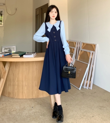 Plus size women's French high-end dress spring and autumn Korean style niche design temperament slimming fake two-piece shirt dress