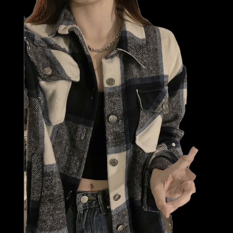 Hong Kong style brushed plaid shirt women's design niche loose lazy shirt jacket jacket top