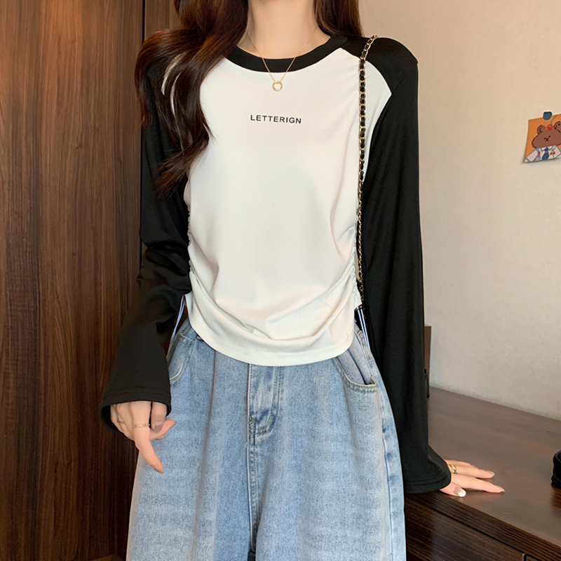 Real shot of plus size women's new autumn simple contrasting color drawstring design round neck long sleeve versatile T-shirt top