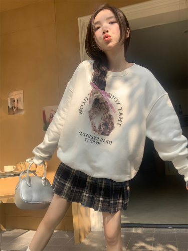 Actual shot of early spring Korean chic simple cat print sweatshirt + plaid skirt