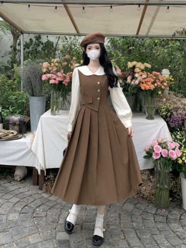 Plus size women's college style fake two-piece long-sleeved dress spring and autumn retro commuter pleated long skirt for small people