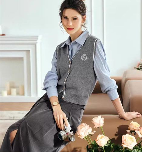 French gray knitted vest for women autumn 2024 new style loose embroidered inner vest