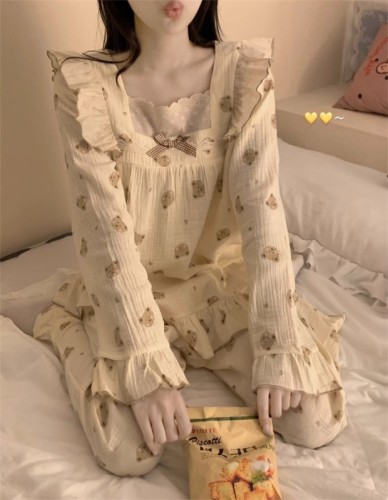 Square collar cute bear Korean 2024 new pajamas women's long-sleeved trousers loose student home clothes official picture