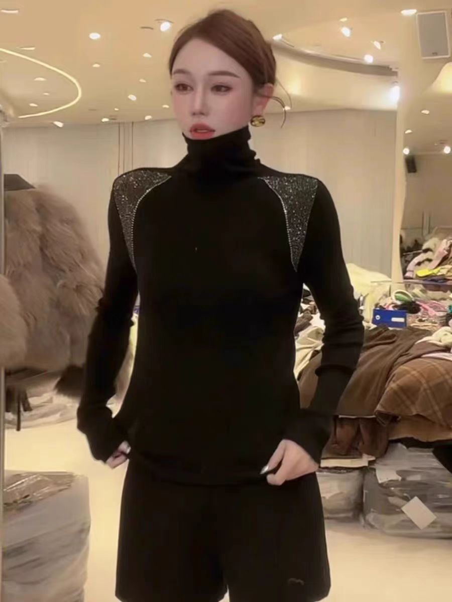 重工燙鑽修身打底高領針織衫女秋冬新款純色百搭顯瘦長袖T恤上衣
