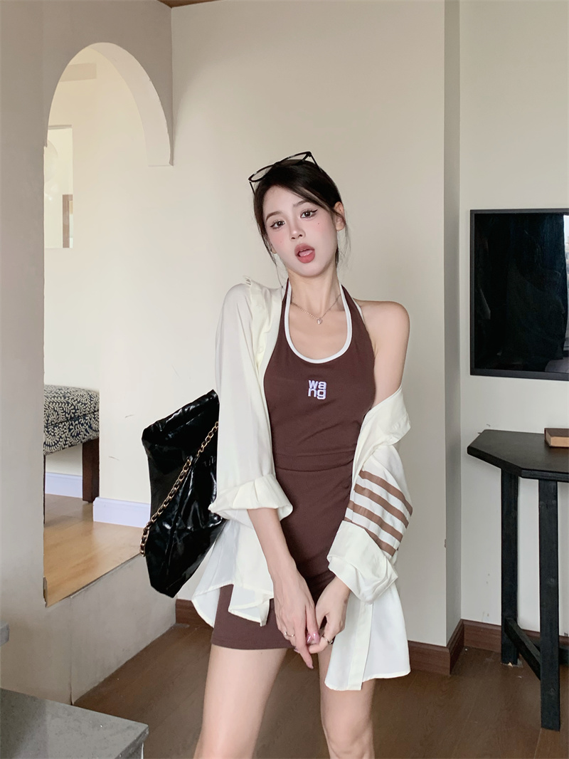 實拍 奶杏色TB長袖襯衣寬鬆春夏防曬衣+背心連衣裙套裝兩件套