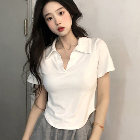 Original threaded cotton fat MM large size 200 pounds summer new polo collar curved slim right shoulder short-sleeved T-shirt for women