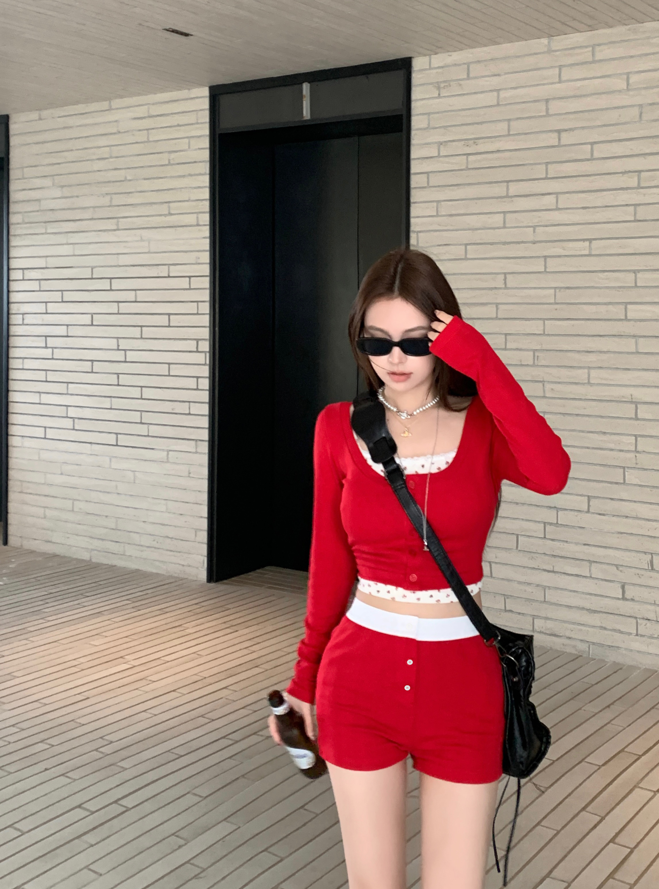 Real shot of Baileys Floral Knitted Cardigan with Lace Suspender Slimming Shorts Suit for Women Spring