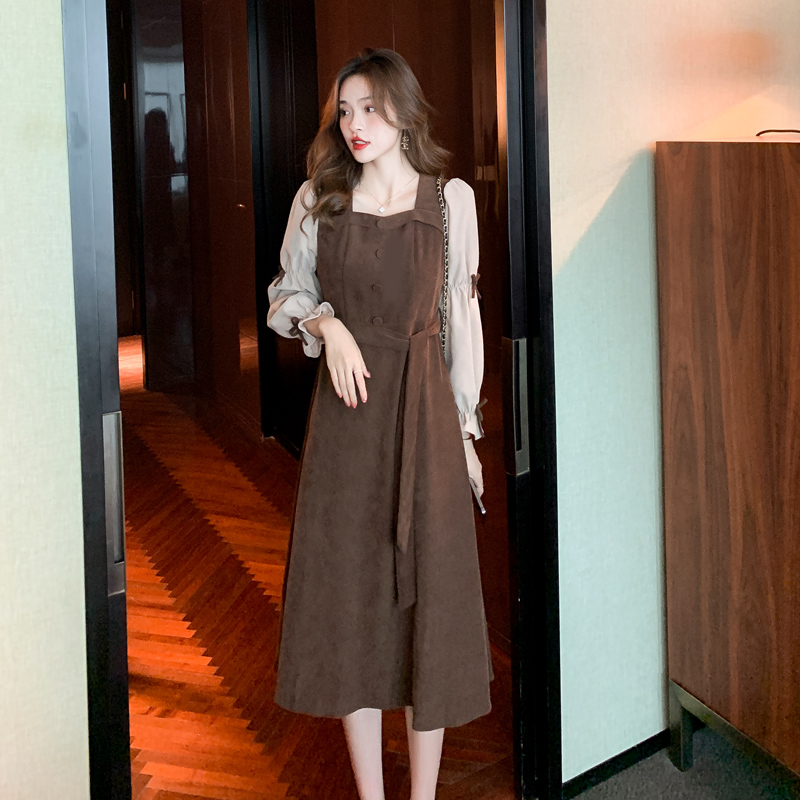Real shot 2024 spring women's French splicing square neck skirt long-sleeved bow dress for women
